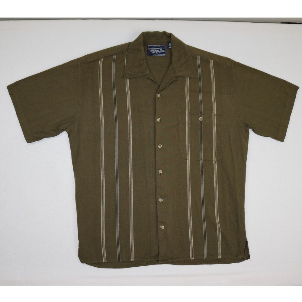 Common Man Mens Medium Green Striped Short Sleeve Camp Shirt Button Up Resort M